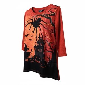 Onque Causal Black Orange Halloween Shirt Jack O Lantern Haunted House Spider PM